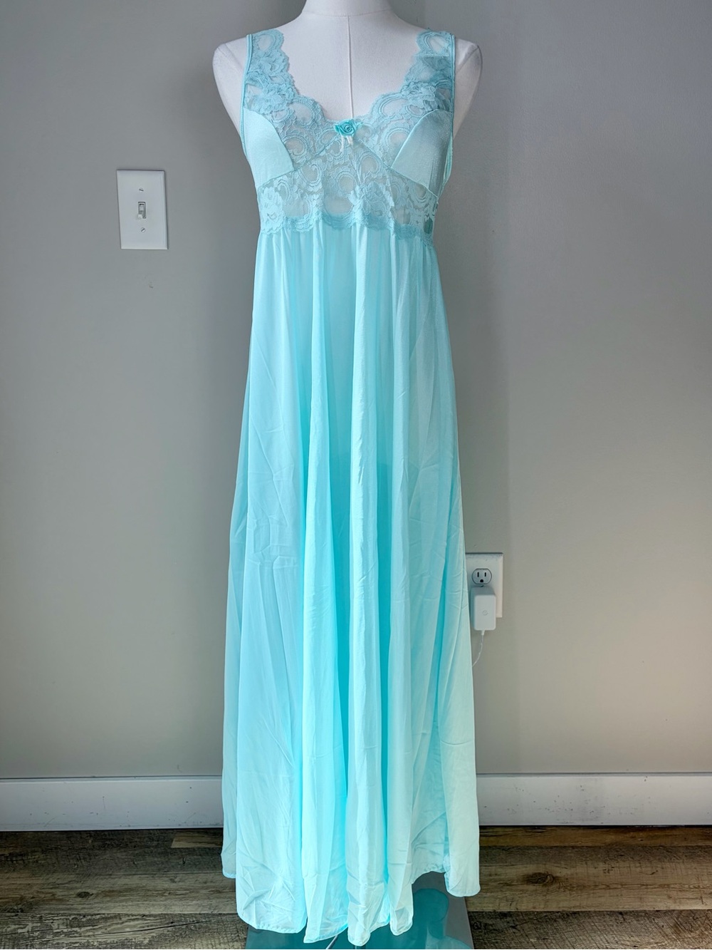 Adonna Aqua Blue Lace Long Slip Dress Deadstock Vintage Ethereal Fairy Size MP